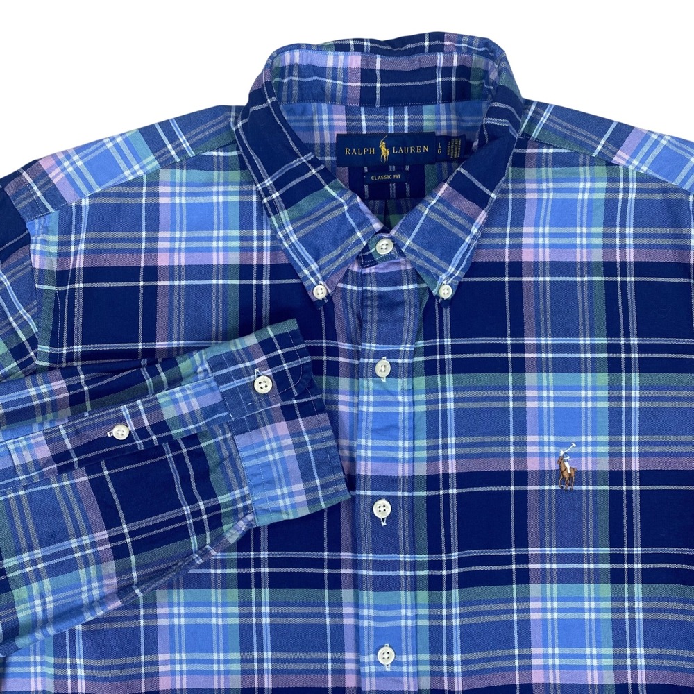 Ralph Lauren Button Down Shirt Mens Large Blue Plaid Classic Fit Oxford Cotton
